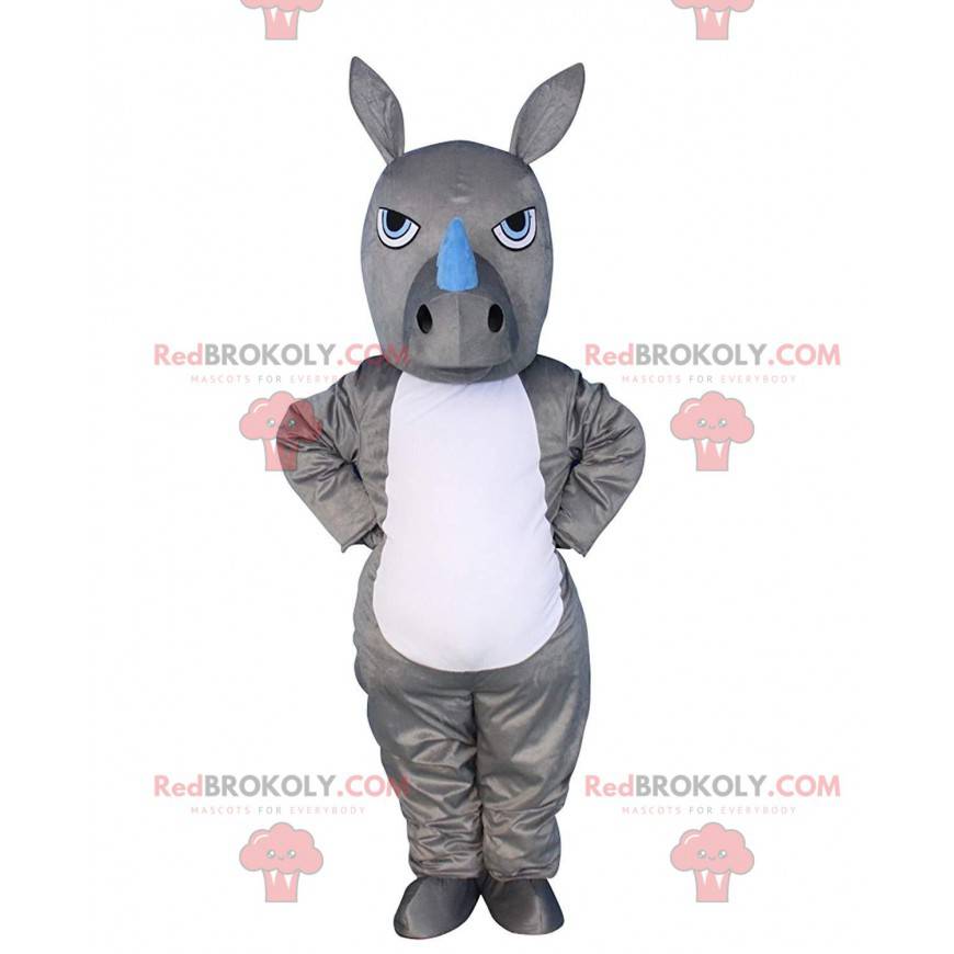 Mascote de rinoceronte cinza e branco, fantasia de animal