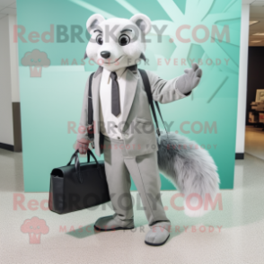 Silver Weasel mascot costume character dressed with a Suit Jacket and Tote bags