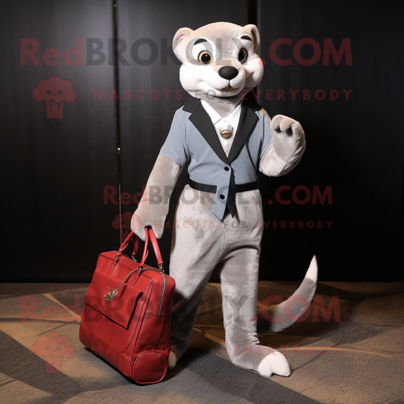 Silver Weasel mascot costume character dressed with a Suit Jacket and Tote bags