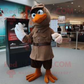 Brown Seagull mascot costume character dressed with a Turtleneck and Gloves