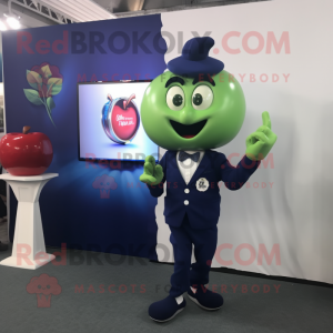 Navy Apple mascot costume character dressed with a Oxford Shirt and Digital watches