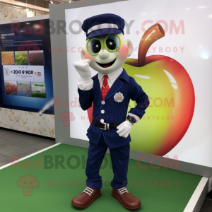 Navy Apple mascot costume character dressed with a Oxford Shirt and Digital watches