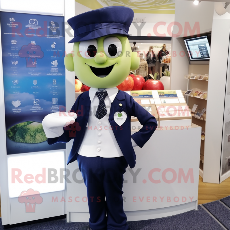 Navy Apple mascot costume character dressed with a Oxford Shirt and Digital watches