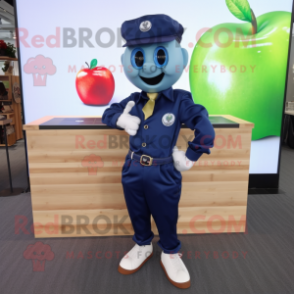 Navy Apple mascot costume character dressed with a Oxford Shirt and Digital watches