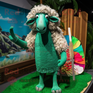 Forest Green Merino Sheep mascot costume character dressed with a Bikini and Shawls