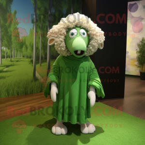 Forest Green Merino Sheep mascot costume character dressed with a Bikini and Shawls