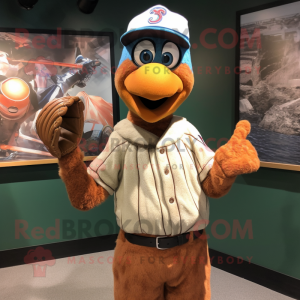 Rust Peacock mascot costume character dressed with a Baseball Tee and Gloves