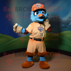 Rust Peacock mascot costume character dressed with a Baseball Tee and Gloves