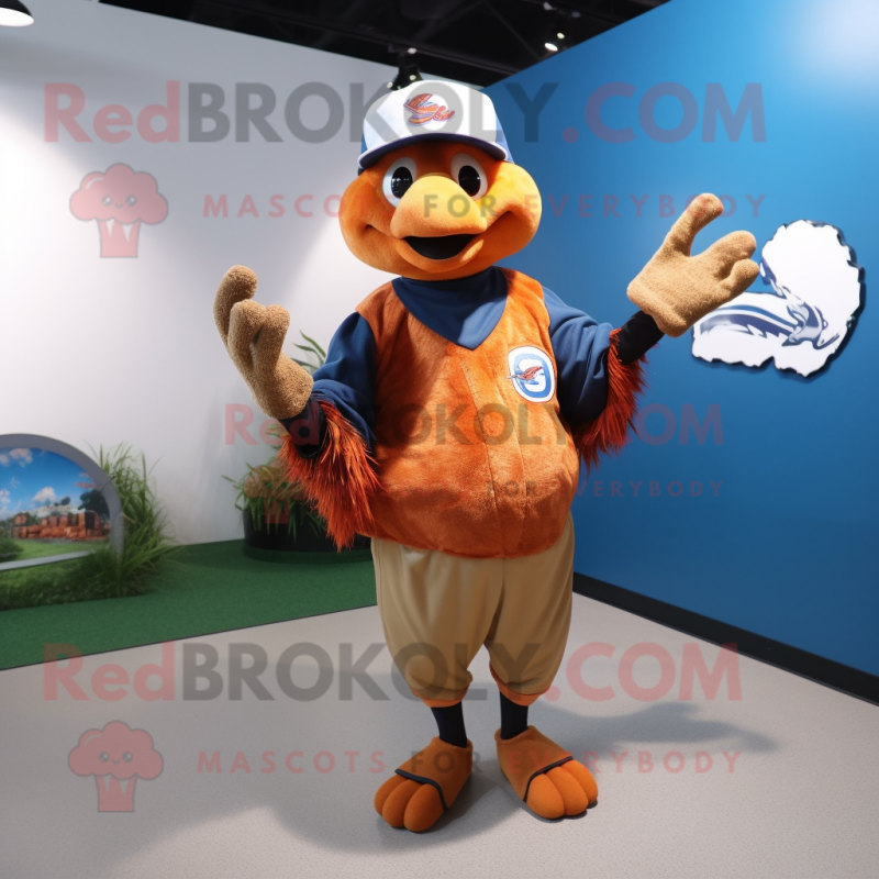 Rust Peacock mascot costume character dressed with a Baseball Tee and Gloves