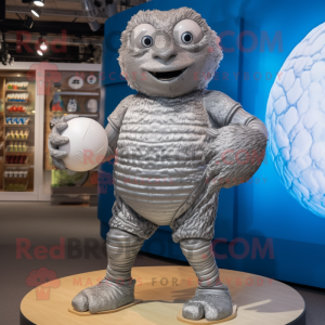 Silver Rugby Ball mascot costume character dressed with a Romper and Wraps