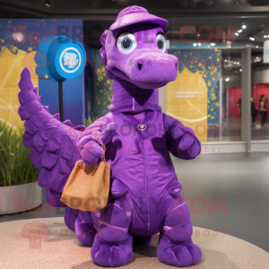 Purple Seahorse mascot costume character dressed with a Raincoat and Coin purses