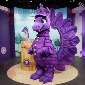 Purple Seahorse mascot costume character dressed with a Raincoat and Coin purses