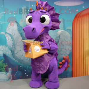 Purple Seahorse mascot costume character dressed with a Raincoat and Coin purses