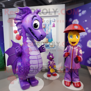 Purple Seahorse mascot costume character dressed with a Raincoat and Coin purses