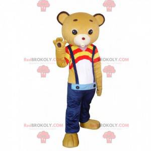 Gul bamse maskot med jeans og et farverigt outfit -