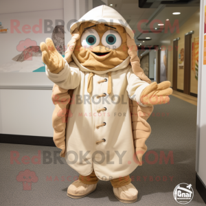 Tan Clam Chowder mascot costume character dressed with a Parka and Bracelets