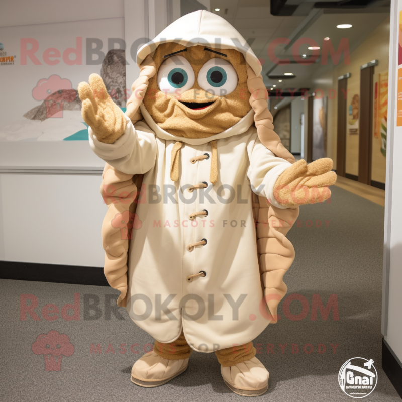 Tan Clam Chowder mascot costume character dressed with a Parka and Bracelets Tan Clam Chowder mascot costume character dressed with a Parka and Bracelets