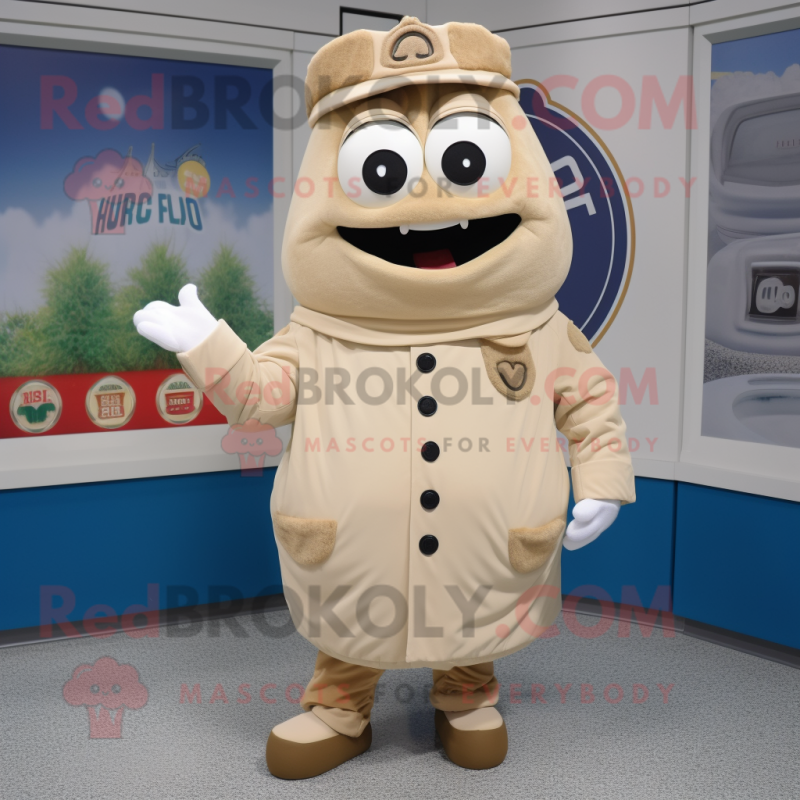 Tan Clam Chowder mascot costume character dressed with a Parka and Bracelets