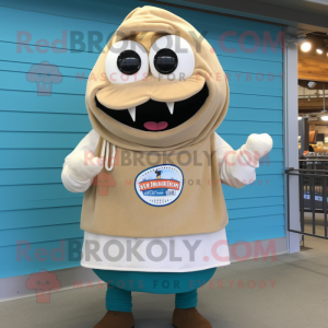 Tan Clam Chowder mascot costume character dressed with a Parka and Bracelets