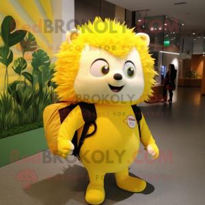 Lemon Yellow Hedgehog mascot costume character dressed with a Graphic Tee and Backpacks