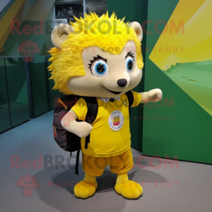 Lemon Yellow Hedgehog mascot costume character dressed with a Graphic Tee and Backpacks