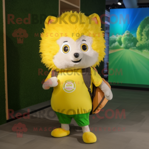 Lemon Yellow Hedgehog mascot costume character dressed with a Graphic Tee and Backpacks