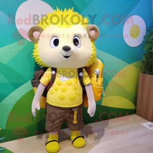 Lemon Yellow Hedgehog mascot costume character dressed with a Graphic Tee and Backpacks