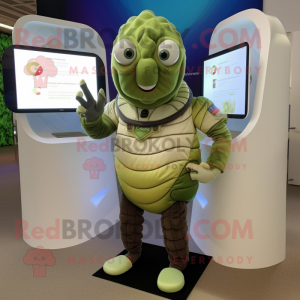 Olive Trilobite mascot costume character dressed with a Capri Pants and Digital watches
