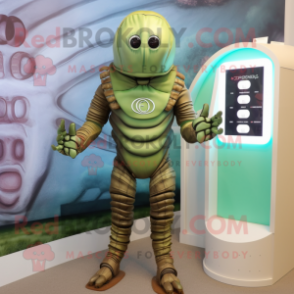 Olive Trilobite mascot costume character dressed with a Capri Pants and Digital watches