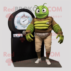 Olive Trilobite mascot costume character dressed with a Capri Pants and Digital watches