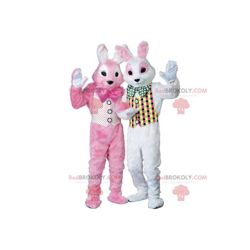 2 mascottes van roze en witte konijnen - Redbrokoly.com