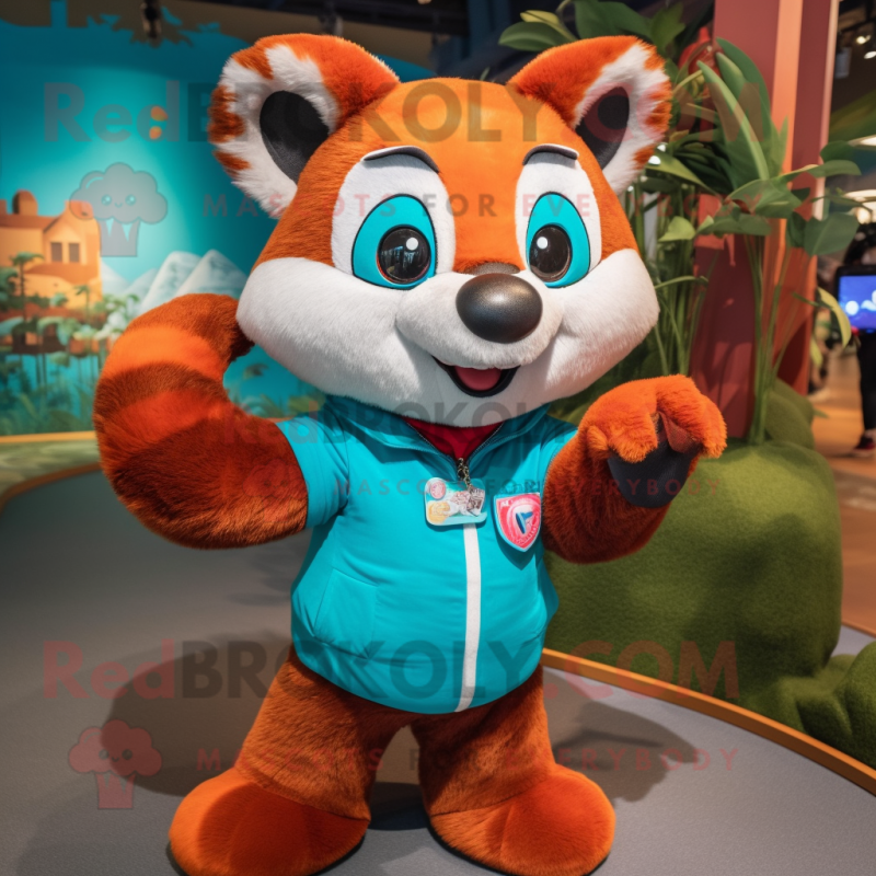 Turquoise Red Panda mascot costume character dressed with a Henley Tee and Gloves Turquoise Red Panda mascot costume character dressed with a Henley Tee and Gloves