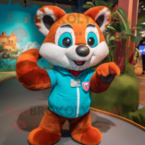 Turquoise Red Panda mascot costume character dressed with a Henley Tee and Gloves