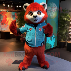 Turquoise Red Panda mascot costume character dressed with a Henley Tee and Gloves