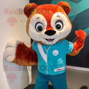 Turquoise Red Panda mascot costume character dressed with a Henley Tee and Gloves