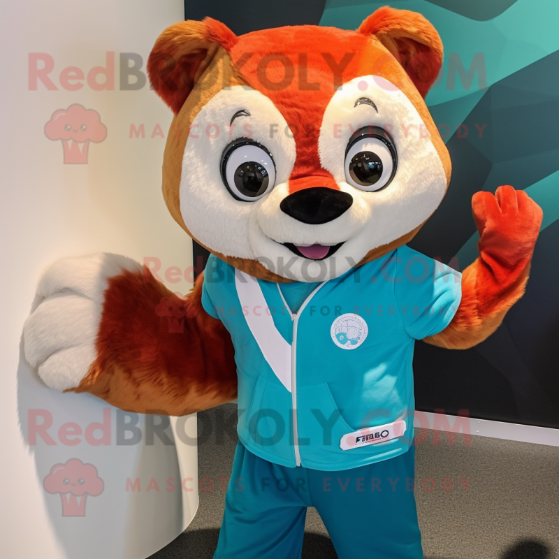 Turquoise Red Panda mascot costume character dressed with a Henley Tee and Gloves