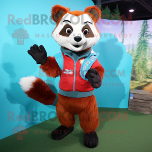 Turquoise Red Panda mascot costume character dressed with a Henley Tee and Gloves