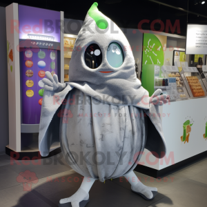 Silver Melon mascot costume character dressed with a Hoodie and Shawls