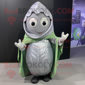 Silver Melon mascot costume character dressed with a Hoodie and Shawls