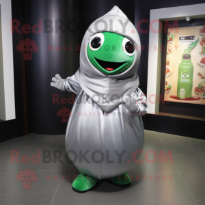 Silver Melon mascot costume character dressed with a Hoodie and Shawls