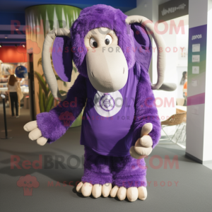 Purple Mammoth mascot costume character dressed with a Jeggings and Shawl pins