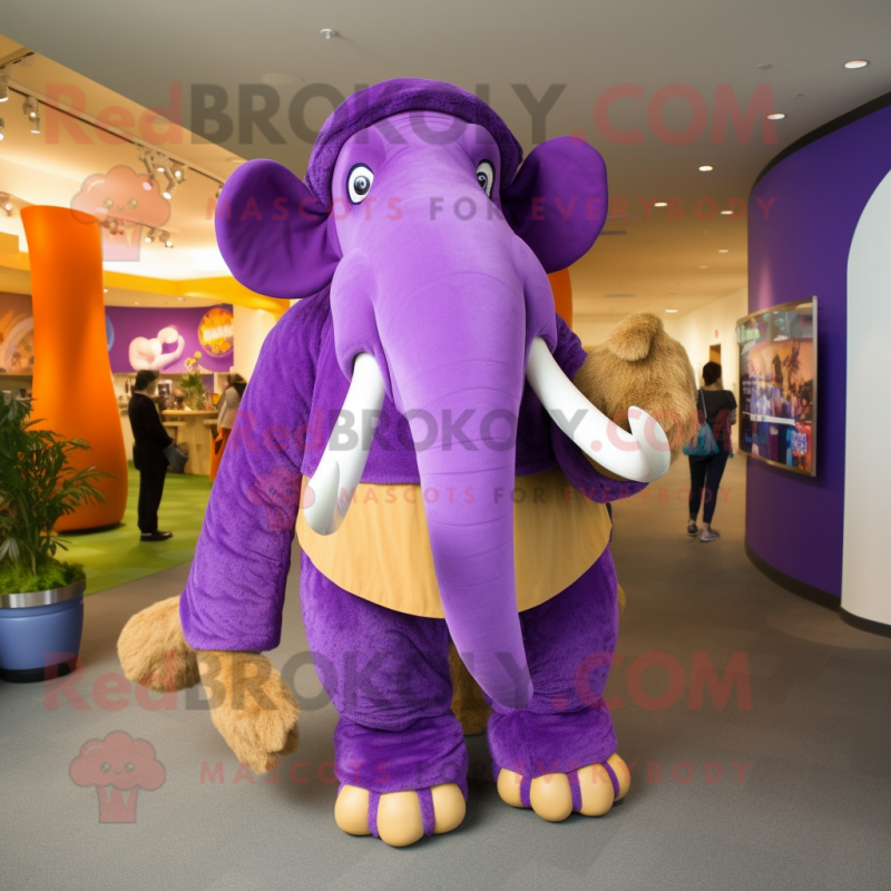 Purple Mammoth mascot costume character dressed with a Jeggings and Shawl pins