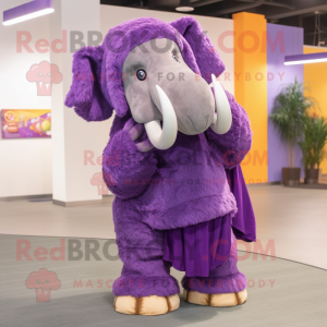 Purple Mammoth mascot costume character dressed with a Jeggings and Shawl pins