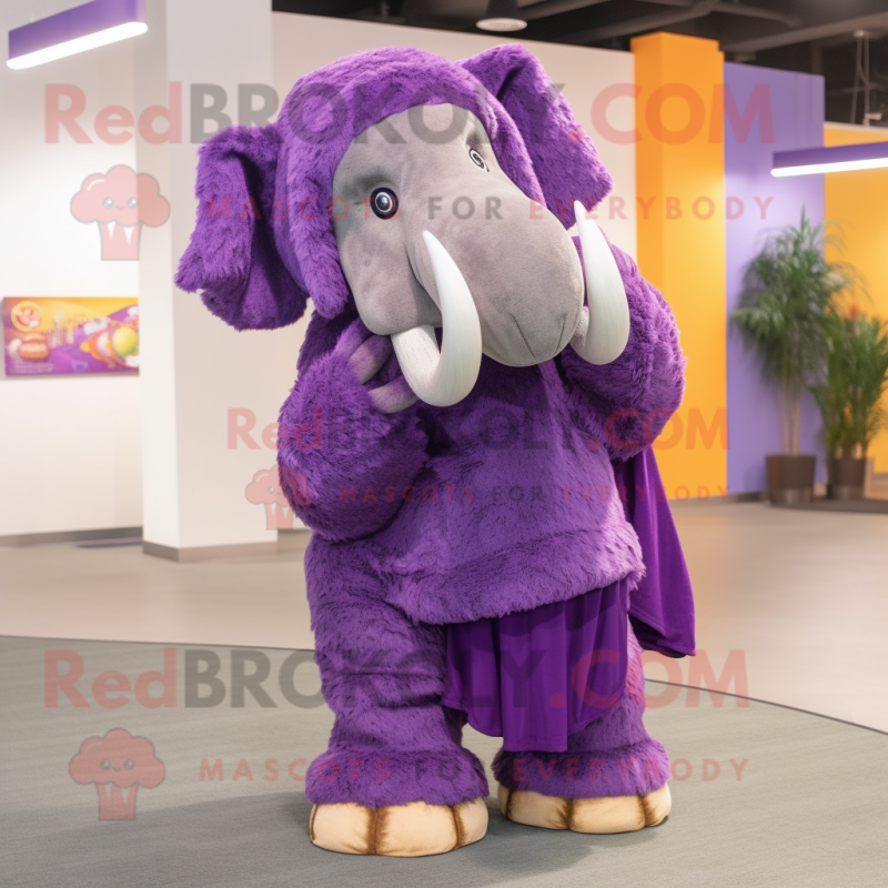 Purple Mammoth mascot costume character dressed with a Jeggings and Shawl pins Purple Mammoth mascot costume character dressed with a Jeggings and Shawl pins