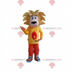 Mascot lille løve, løveunge med et farverigt tøj -