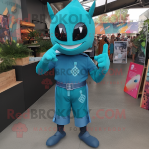 Teal Knife Thrower mascot costume character dressed with a Romper and Earrings