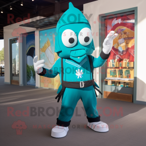 Teal Knife Thrower mascot costume character dressed with a Romper and Earrings