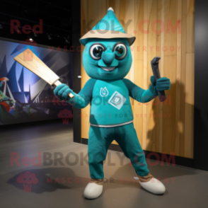 Teal Knife Thrower mascot costume character dressed with a Romper and Earrings