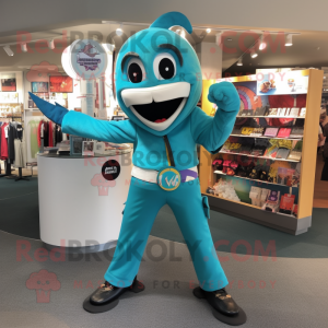 Teal Knife Thrower mascot costume character dressed with a Romper and Earrings