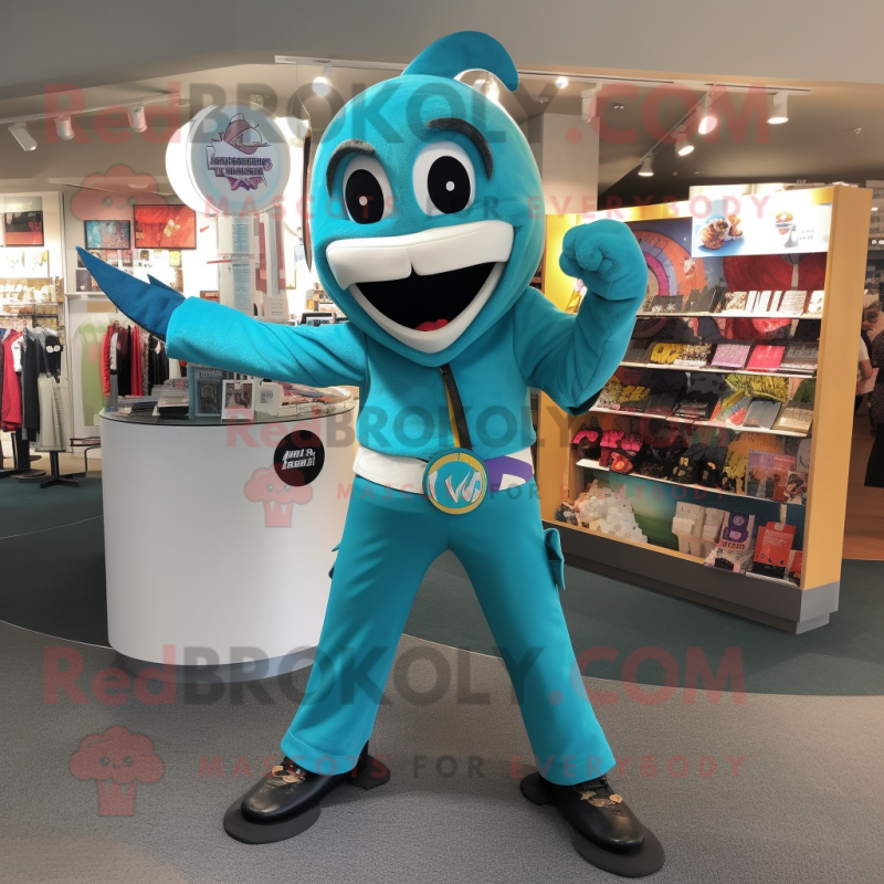Teal Knife Thrower mascot costume character dressed with a Romper and Earrings Teal Knife Thrower mascot costume character dressed with a Romper and Earrings